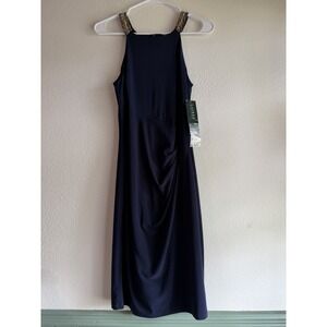 LRL Ralph Lauren Women's Sz 6 Evening Ruched Beaded Sheath Dress Navy Blue NWT